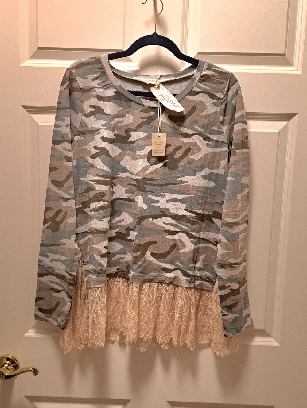 MYSTREE green CAMO sweatshirt LACE TOP new LONG SLEEVES size large 40" CHEST